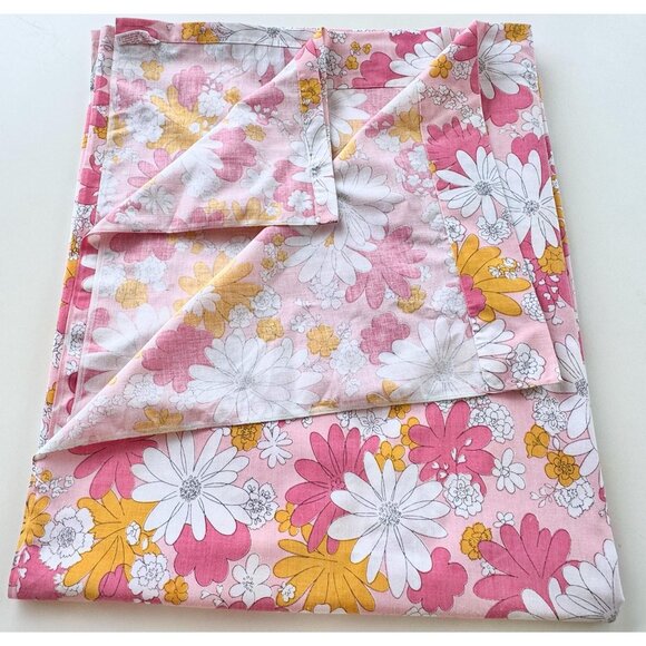 Vintage 70s flat/top sheet, orange, pink, white daisy flowers, full/double size - Picture 6 of 8